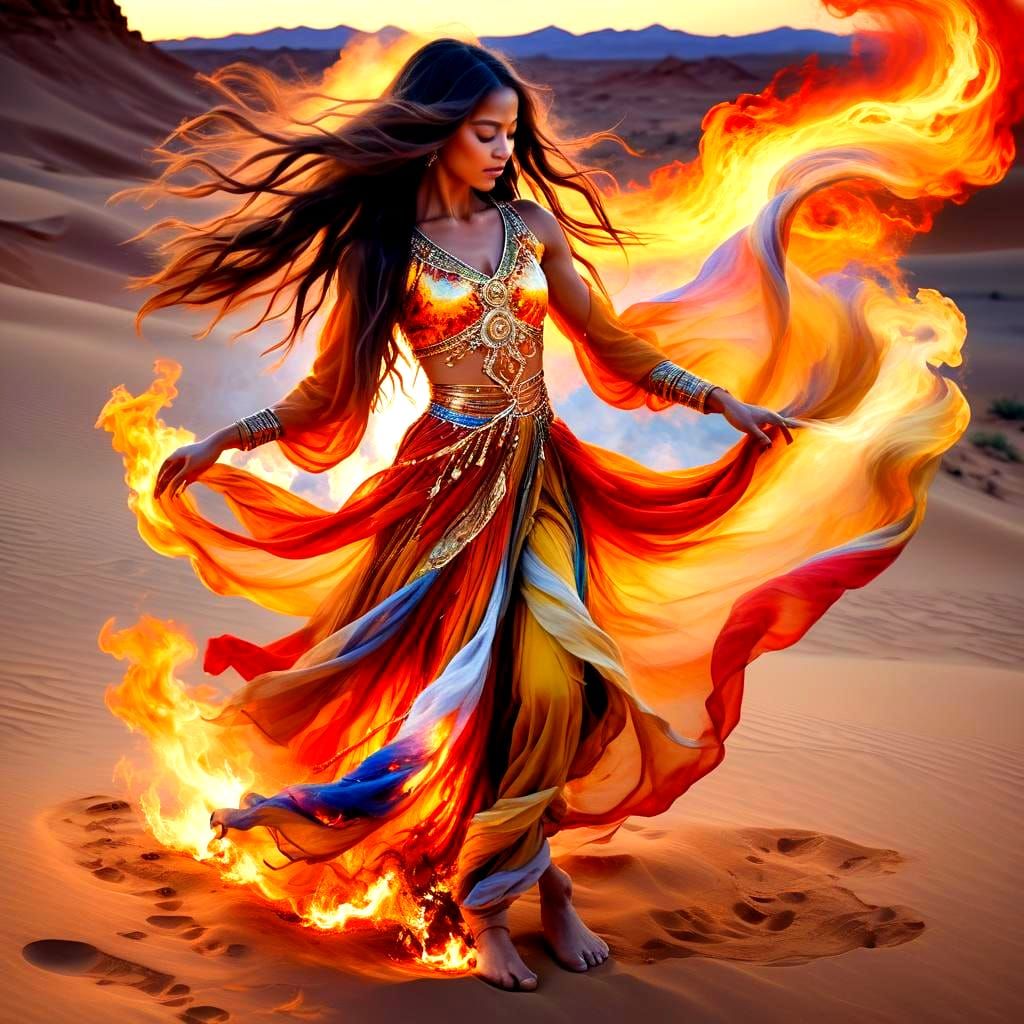 Mysterious Dancer in Fiery Golden Desert