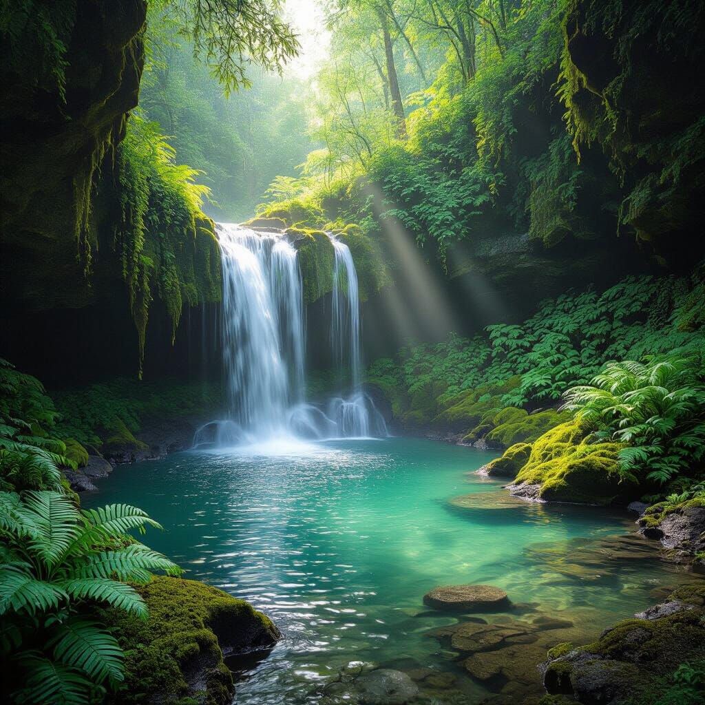 Secluded Waterfall Grotto in Hyperrealistic Style