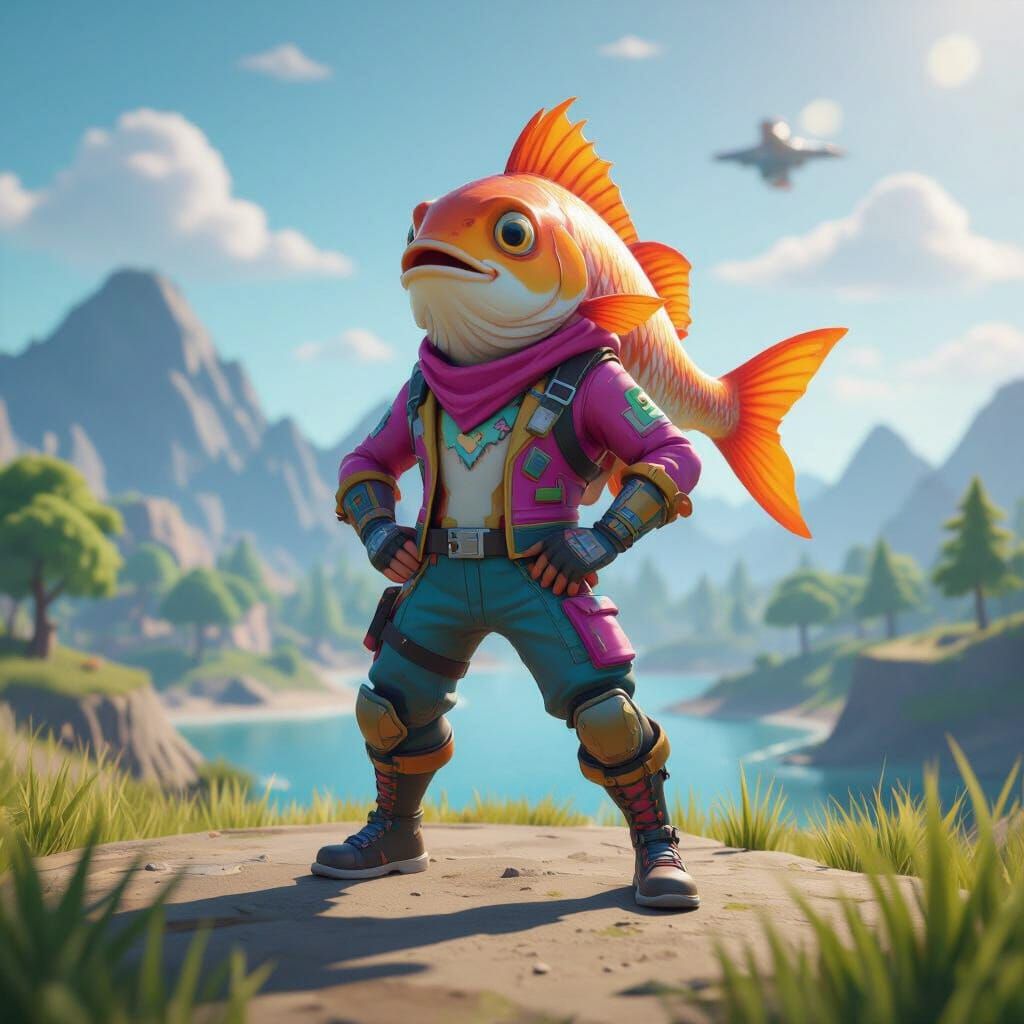 Anthropomorphic Fish in Fortnite Outfit on Island
