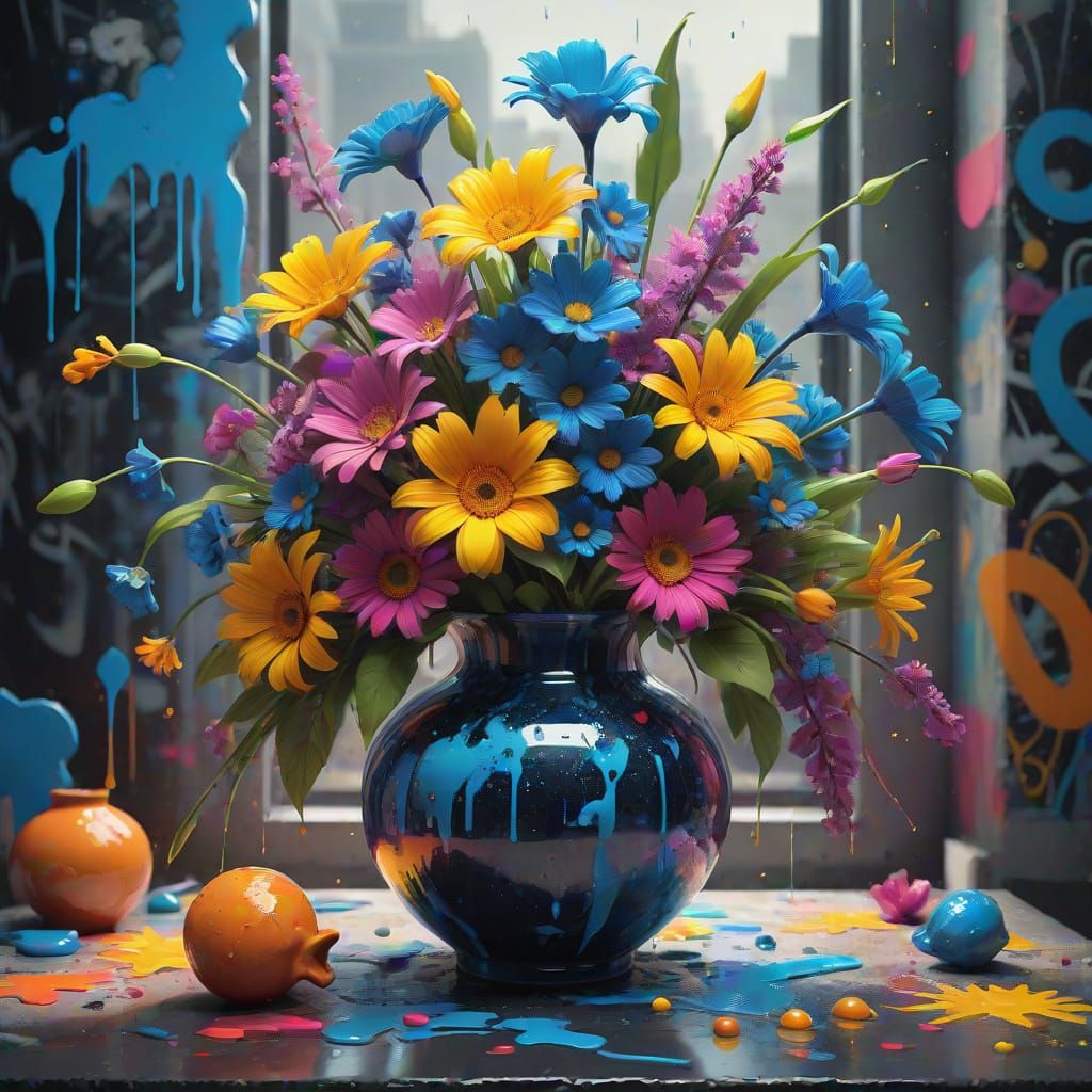 Vibrant Urban Still Life in Expressive Street Art Style