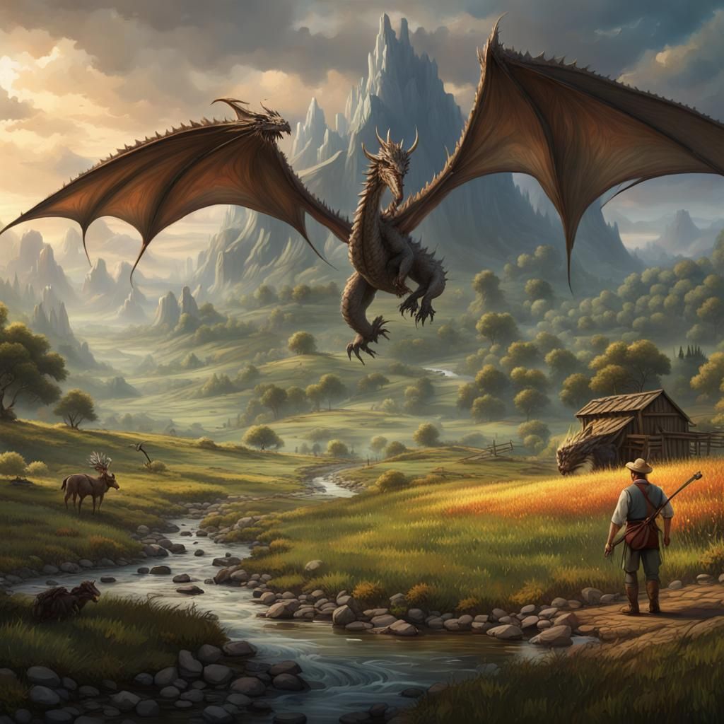 Dark Fantasy Farmer and Dragon Landscape