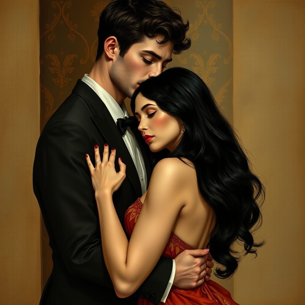 Romantic Embrace in Art Nouveau Style