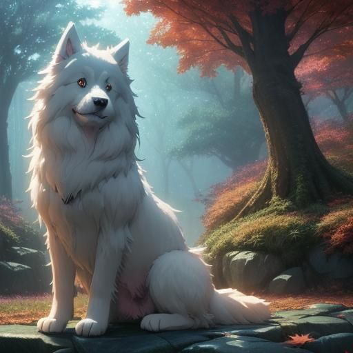 Fluffy Dog's Mythical Quest: Ghibli-esque Autumn Fantasy