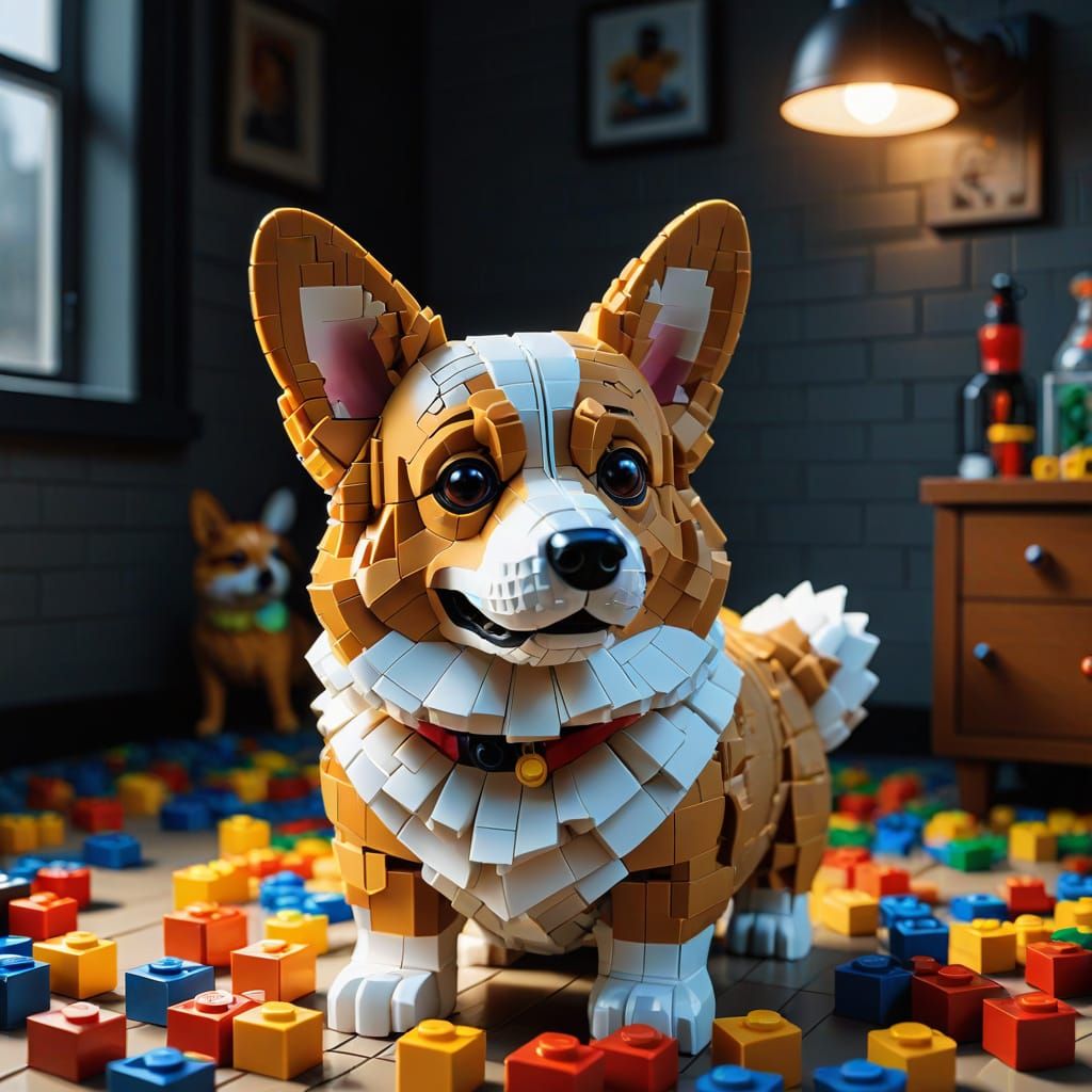 Hyper-Realistic Lego Corgi in Dimly Lit Room
