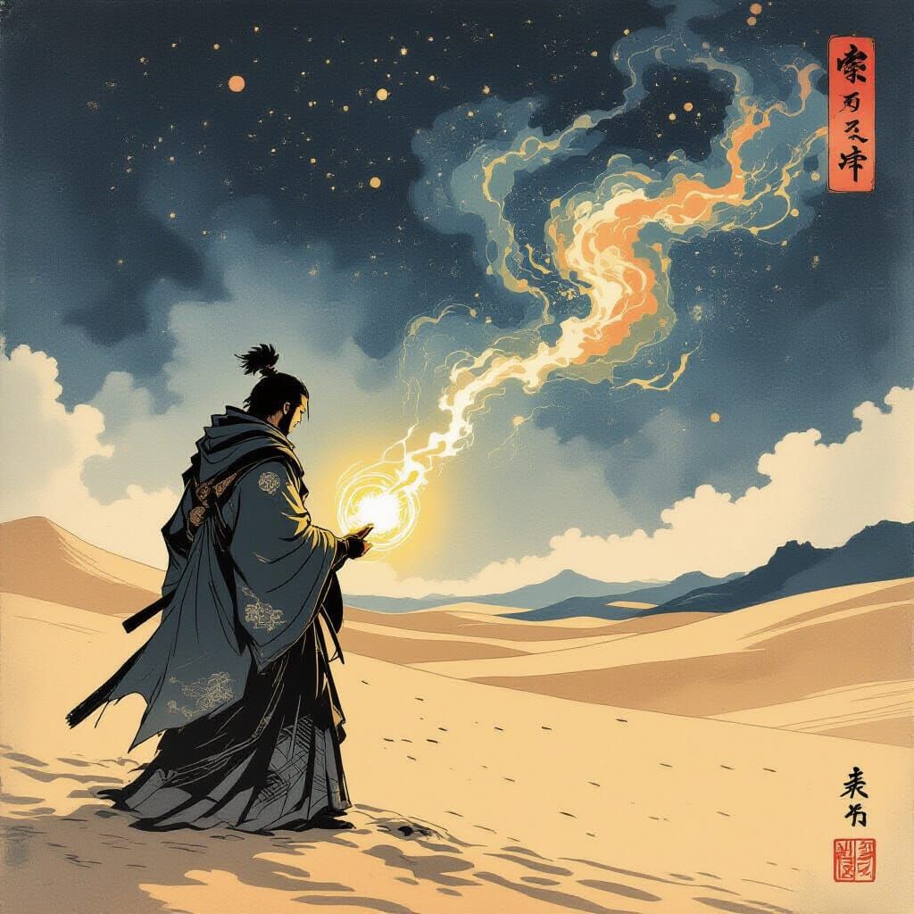 Ancient Warrior in Desert Under Starry Sky