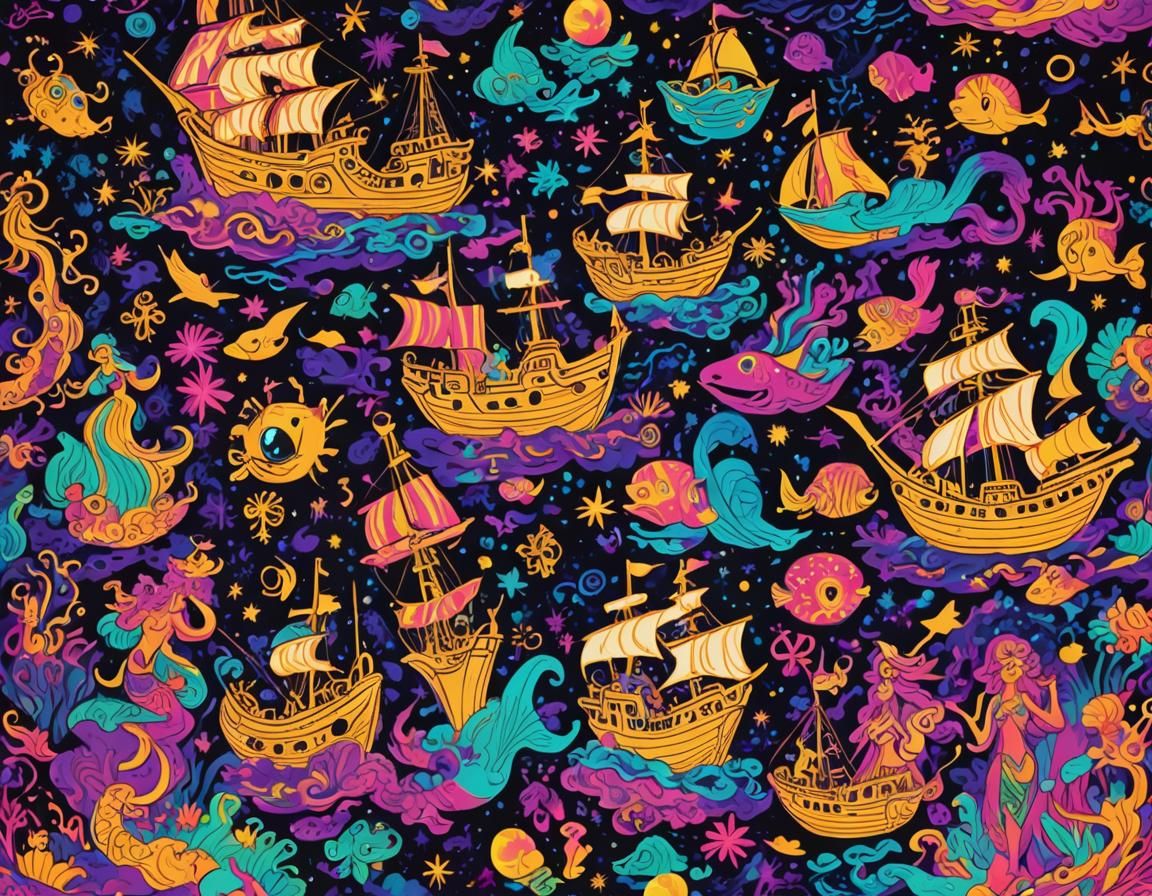 Vibrant Pop Explosion pirate golden ship blacklight fantasy mermaids island