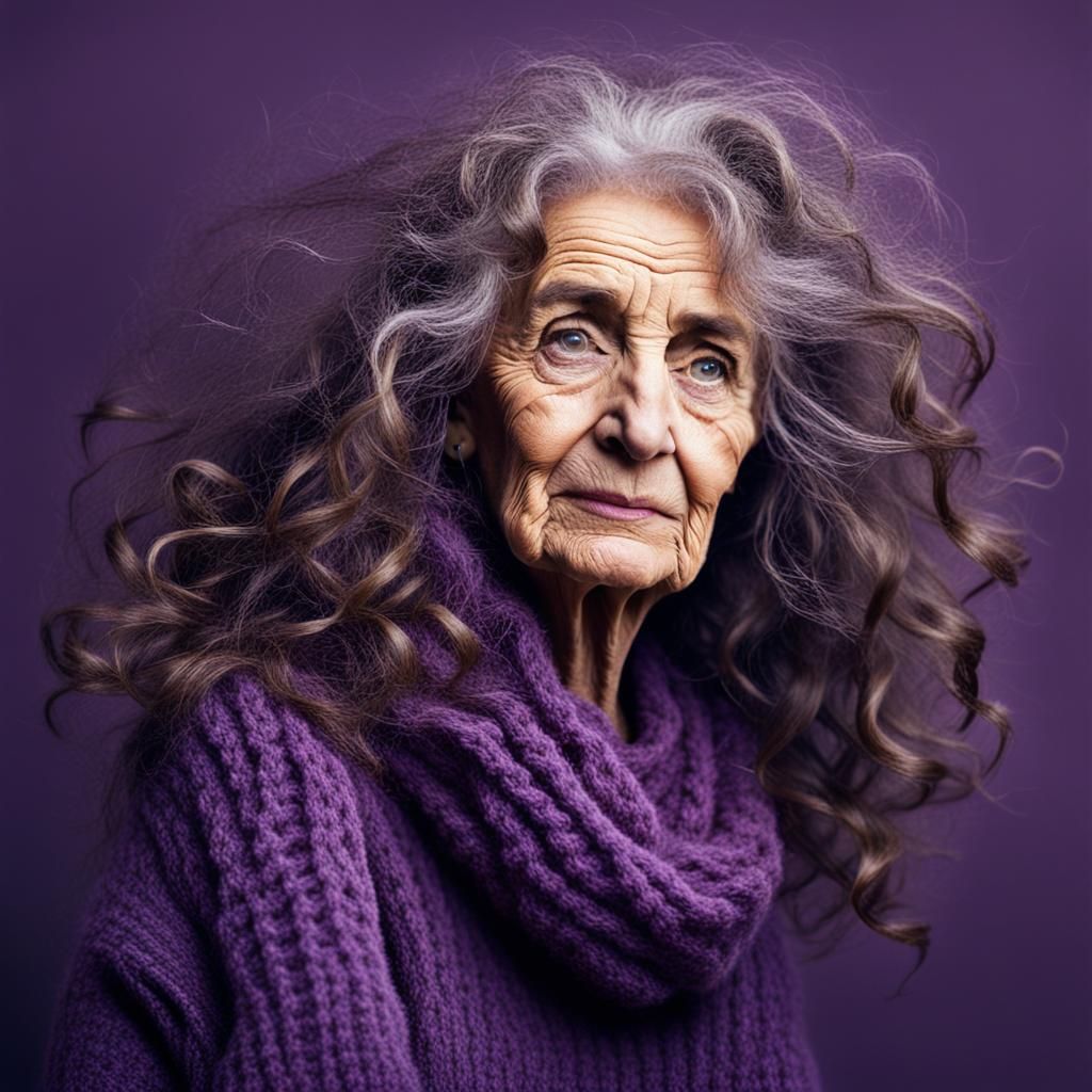 Beautiful Elderly Woman with Purple Sweater, Surreal Portrai...