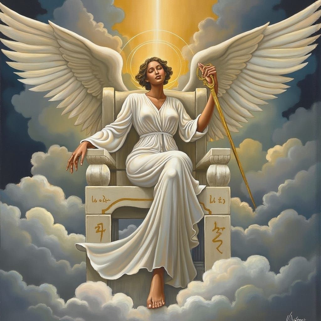 Regal Female Angel in Heavenly White Marble Throne