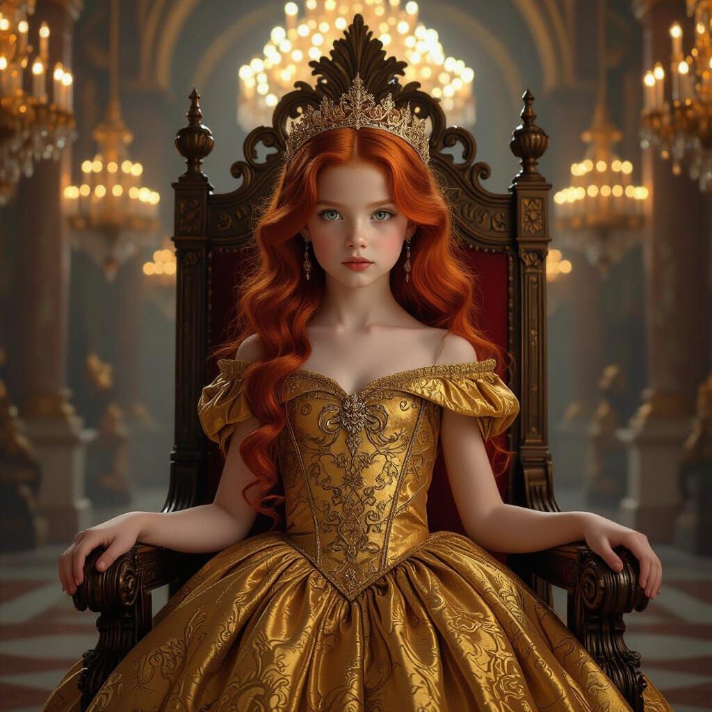Crimson-Haired Girl in Throne Room, Baroque Style