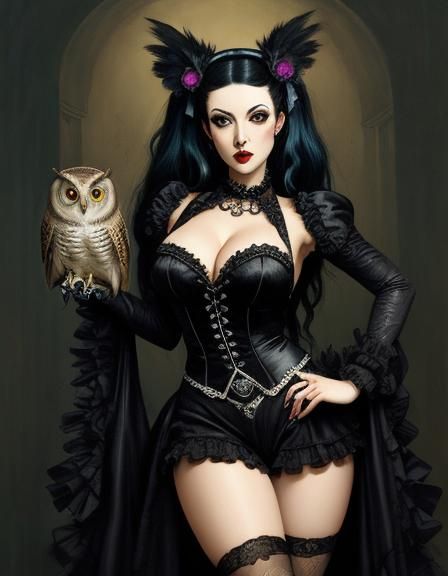 Gothic Anime Owl Girl Pinup in Rococo Style