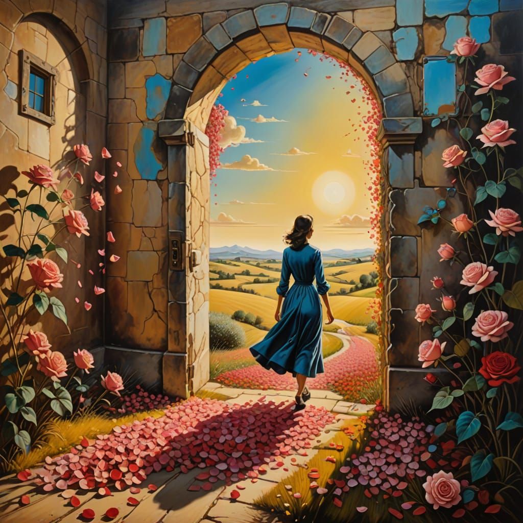 Woman Steps Through Stone Doorway into Sunlit Field