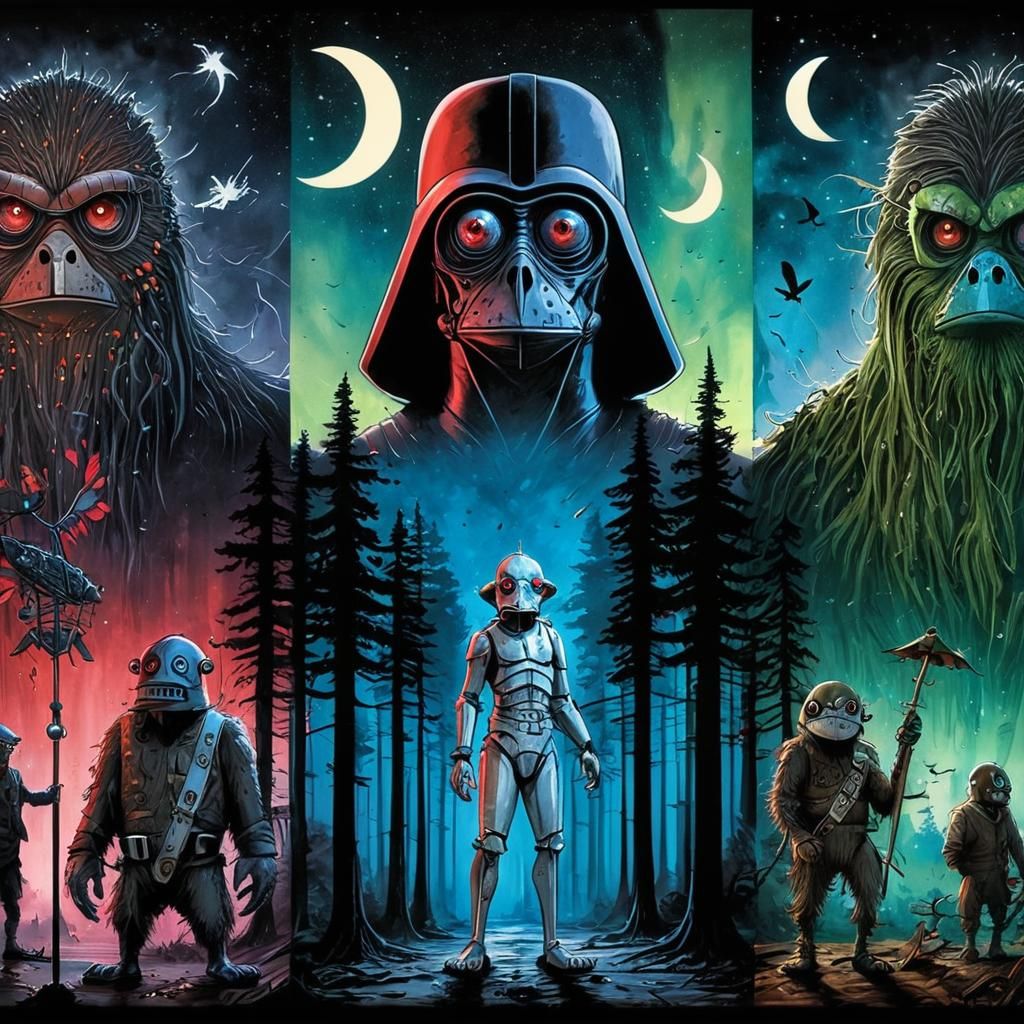 Steampunk Zeppelin and Cryptid Battle, Tim Burton Style