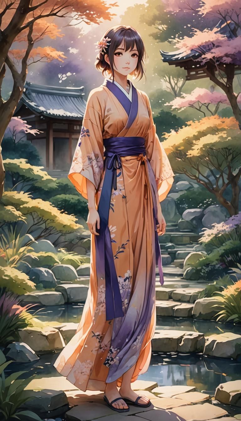 Anime Girl in Japanese Garden, Watercolor Style