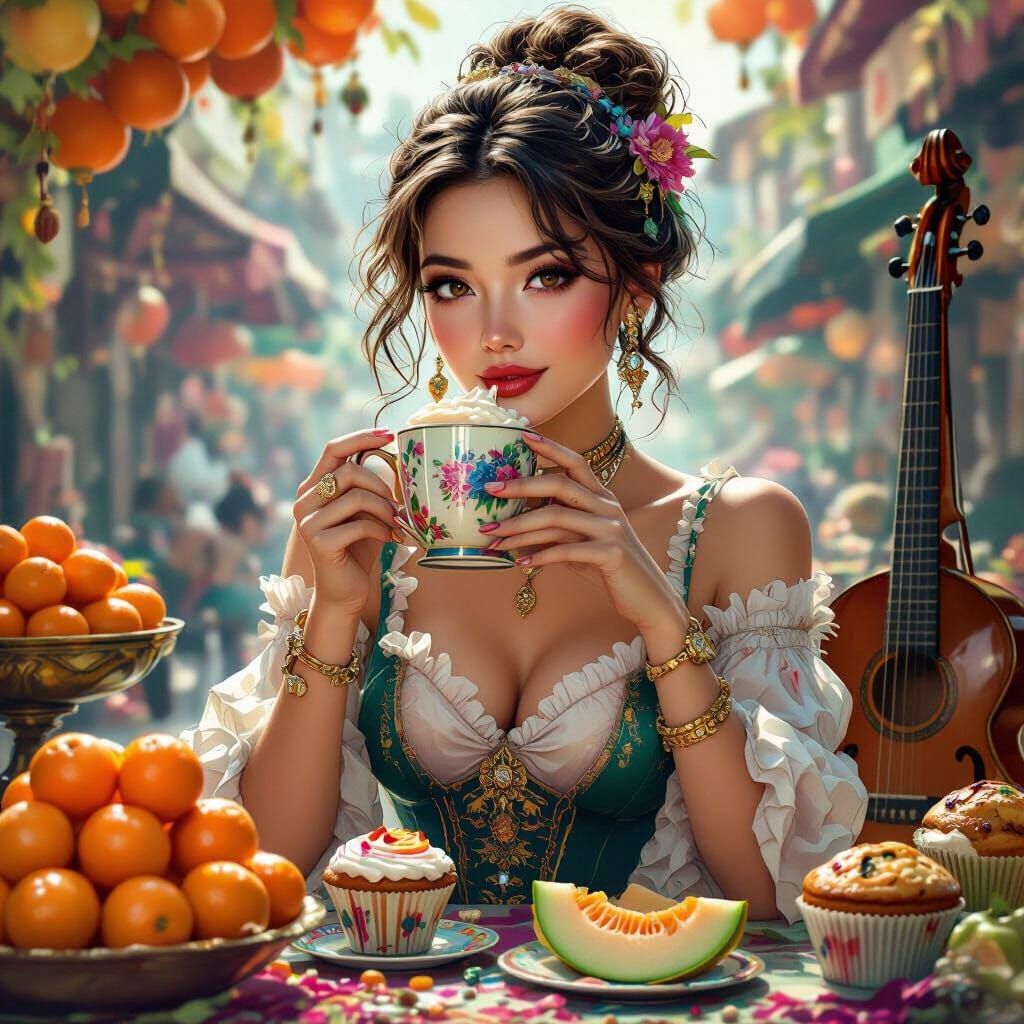 Woman Enjoys Milkshake in Vibrant Market Scene