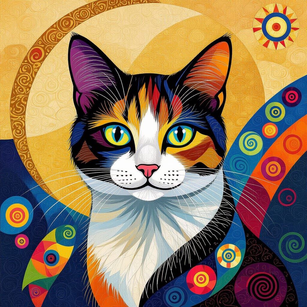 Klimt & Chagall Style Cats with Repeating Eyes, Fractal Patt...