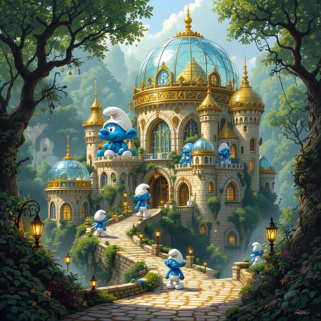 Enchanted Smurf City in Miyazaki Style