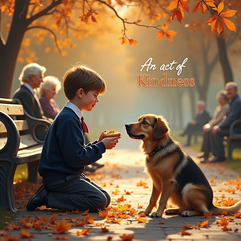 A schoolboy offering his lunch to a hungry stray dog
