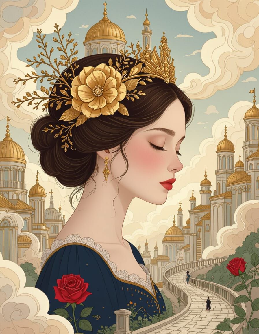 Ethereal Woman in Fantastical Cityscape with Golden Adornmen...