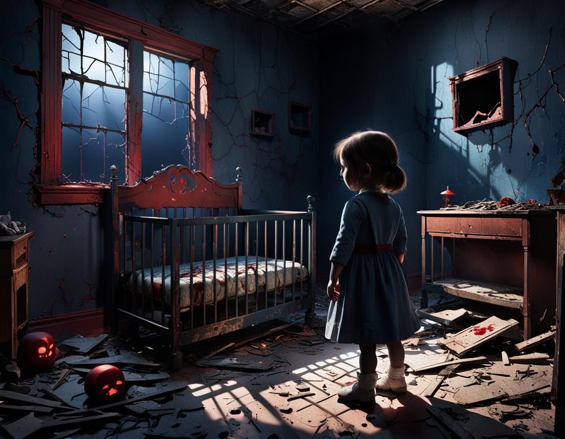 Eerie Girl in Abandoned Nursery: Hyperrealistic Concept Art