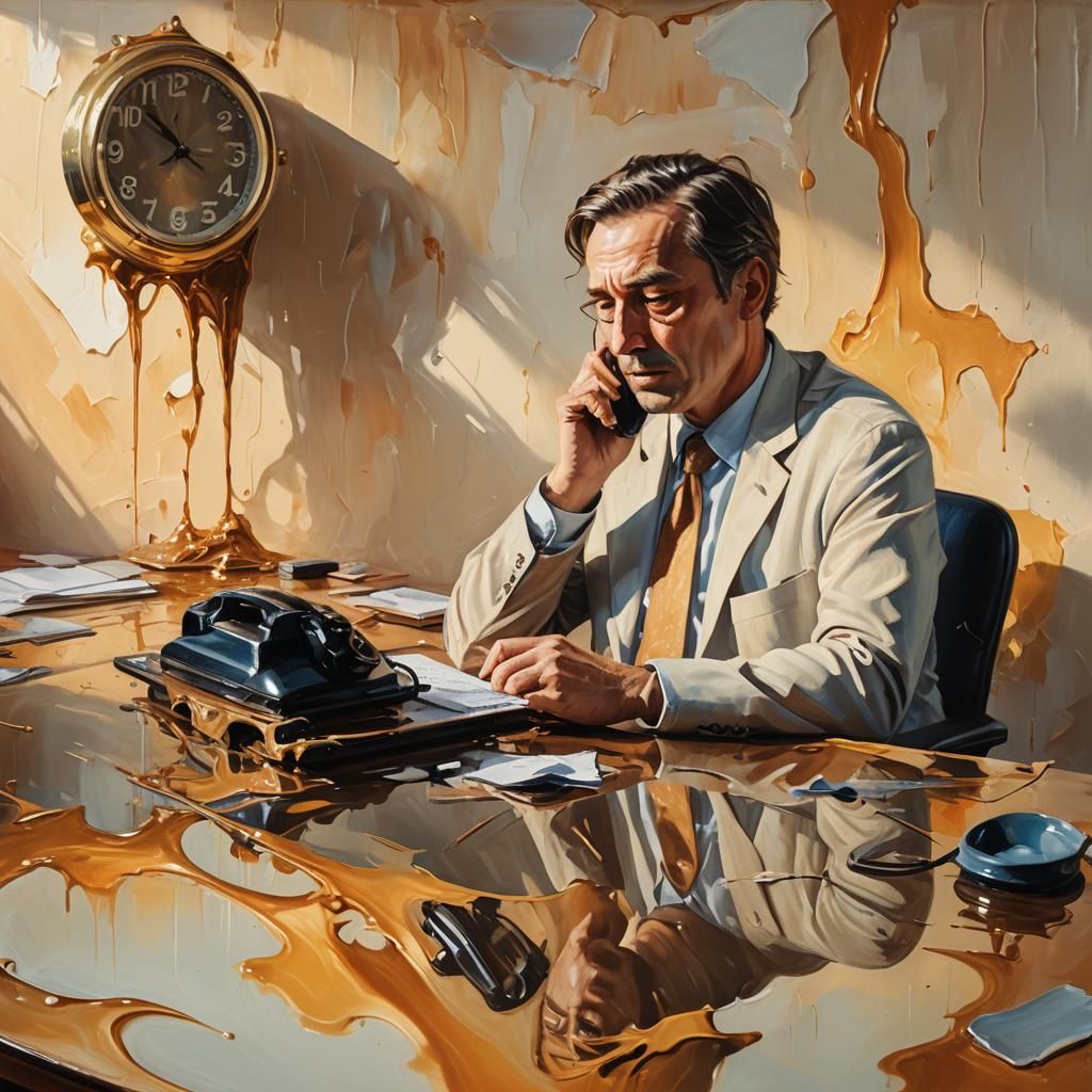 Surreal Melting Desk: Impasto Oil Painting of Office Scene