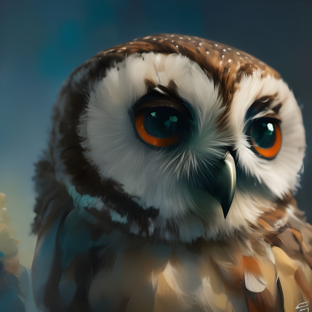 Fluffy Baby Owl Portrait in Digital Art Style