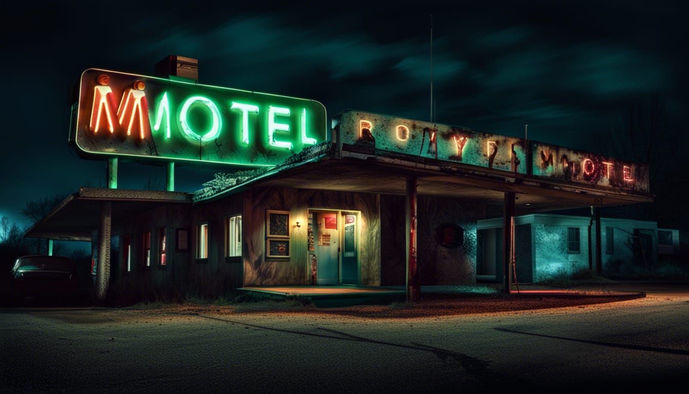 Sinister Roadside Motel at Night