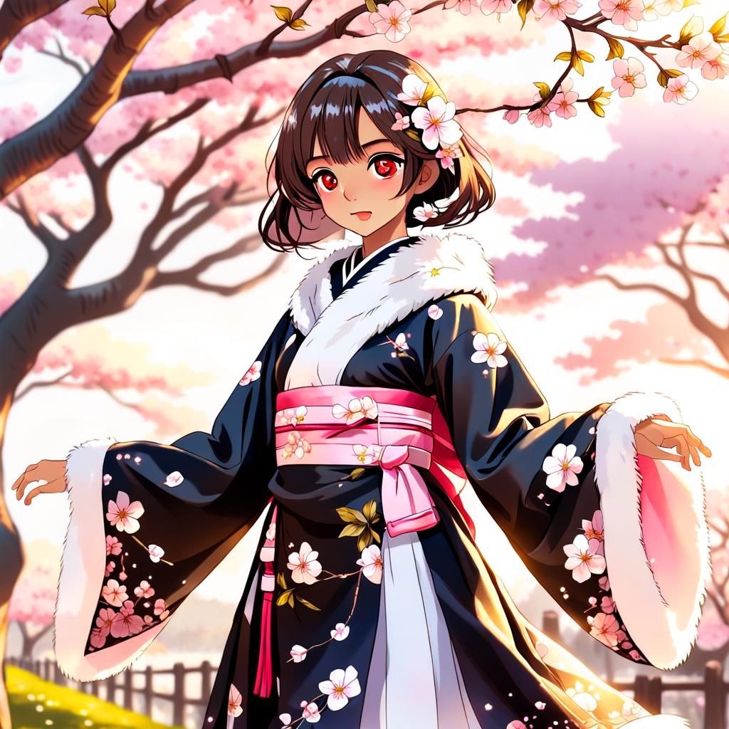 Anime Woman in Floral Hanbok Under Cherry Blossoms