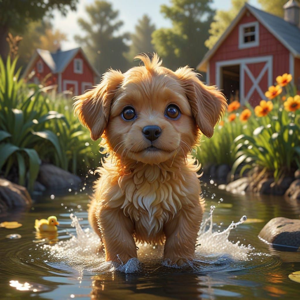 Cute Orange Puppy Splashing in Water - Pixar Style Animation
