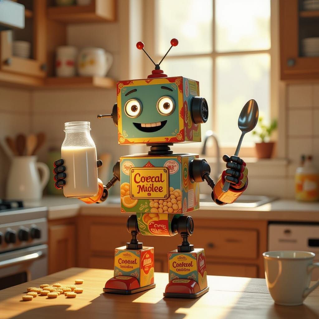 Whimsical Cereal Box Robot with Milk and Spoon
