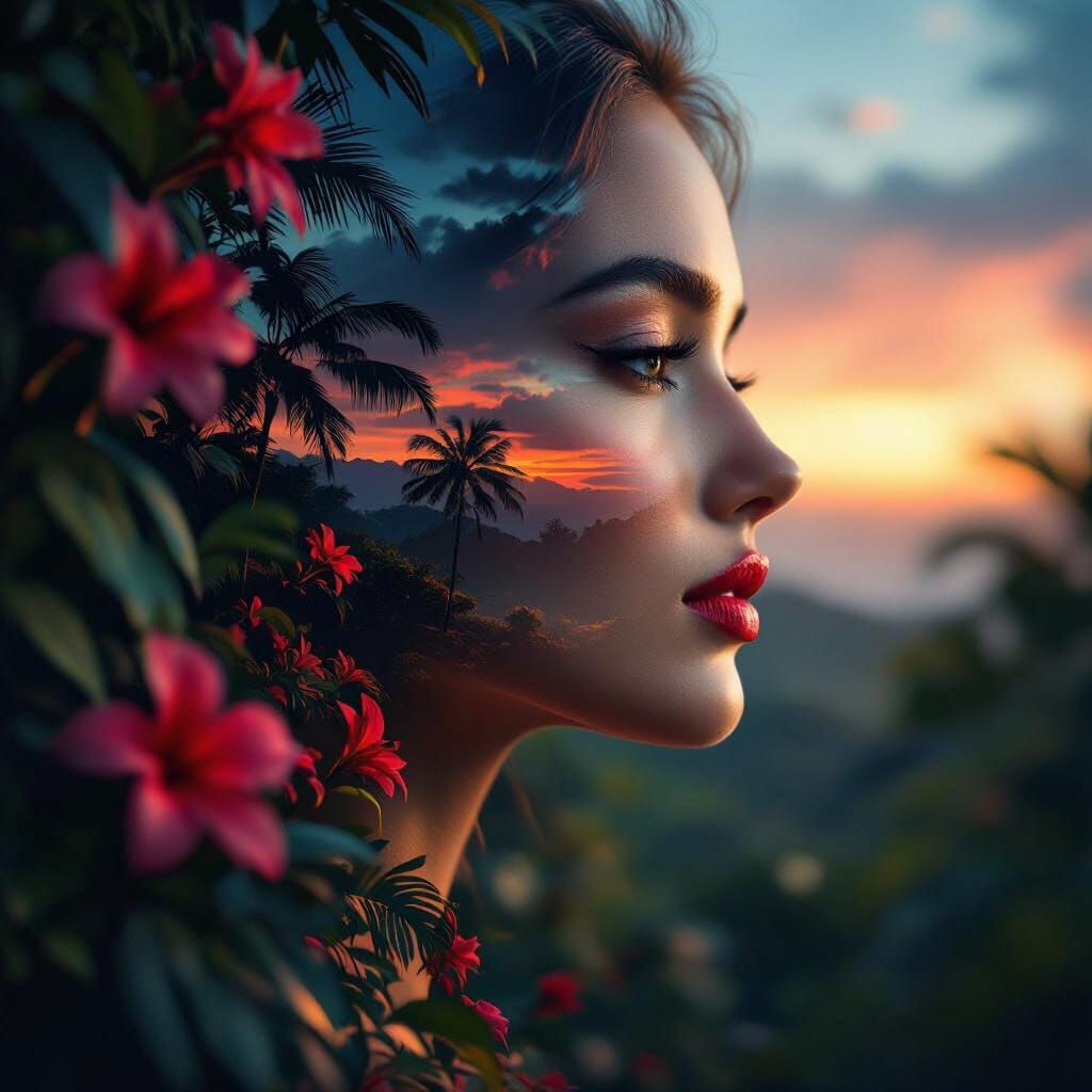 Surreal Double Exposure: Woman Merges With Tropical Landscap...