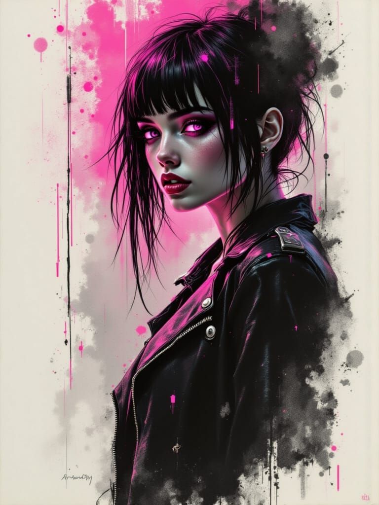 Ethereal Cyberpunk Portraits in Charcoal and Neon