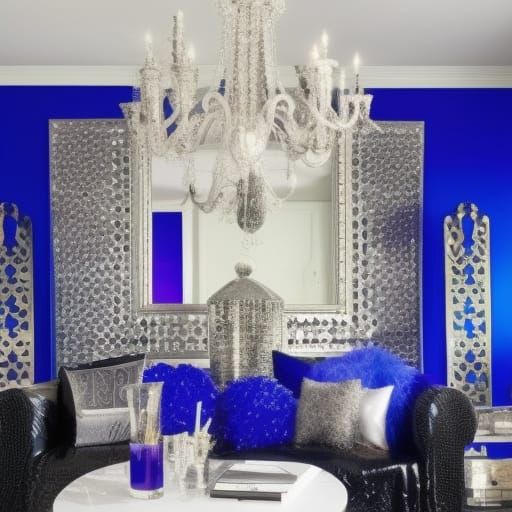 Party light Gothic disco living room with gothic disco ball and cobalt blue walls and Black frames and cobalt blue Gothi...