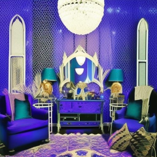 Party light Gothic disco living room with gothic disco ball and cobalt blue walls and Black frames and cobalt blue Gothi...