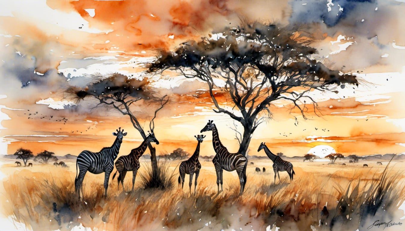 African Sunset Over the Savannah, a Watercolor