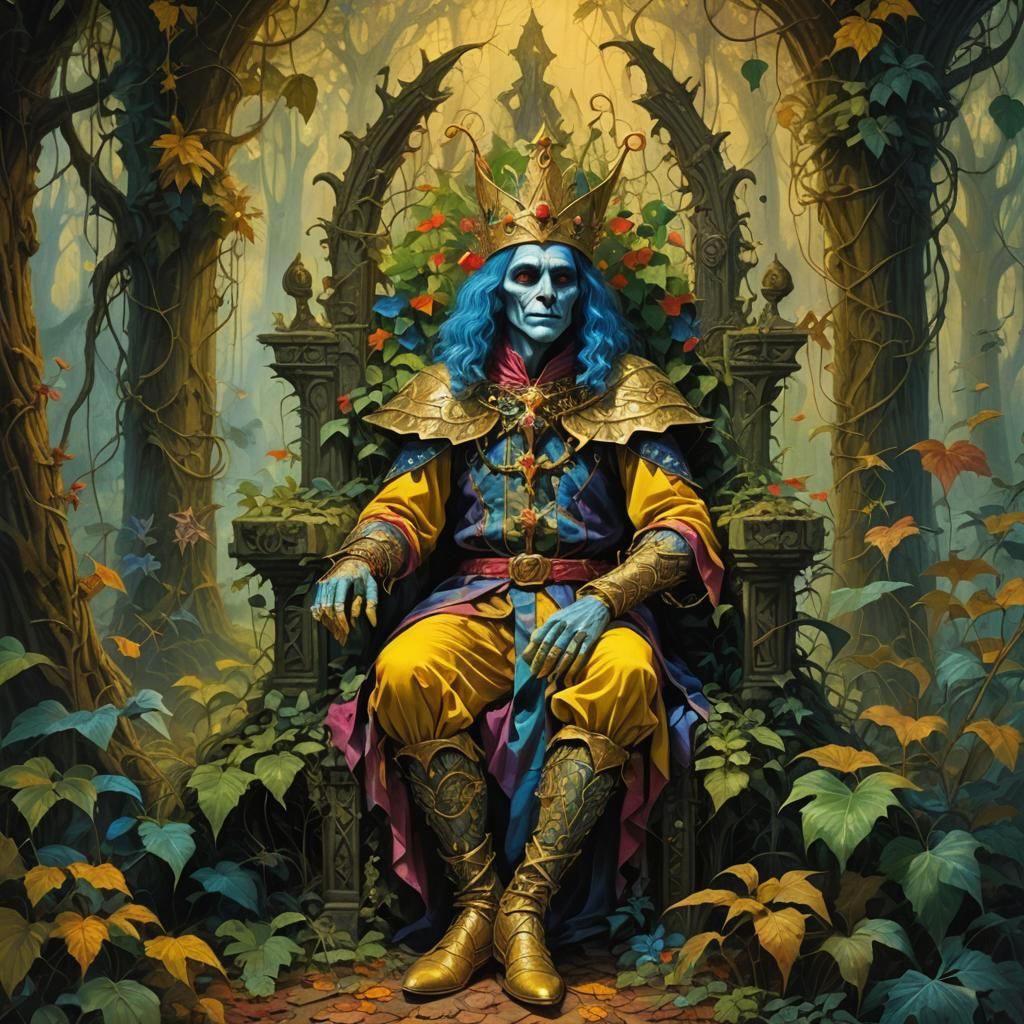 Mystical Jester on Forest Throne, Art Nouveau Style