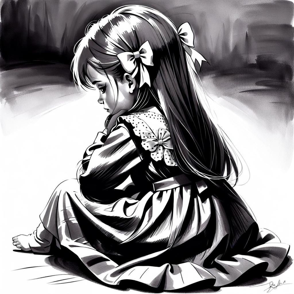 Monochrome Pencil Sketch of a Crying Girl