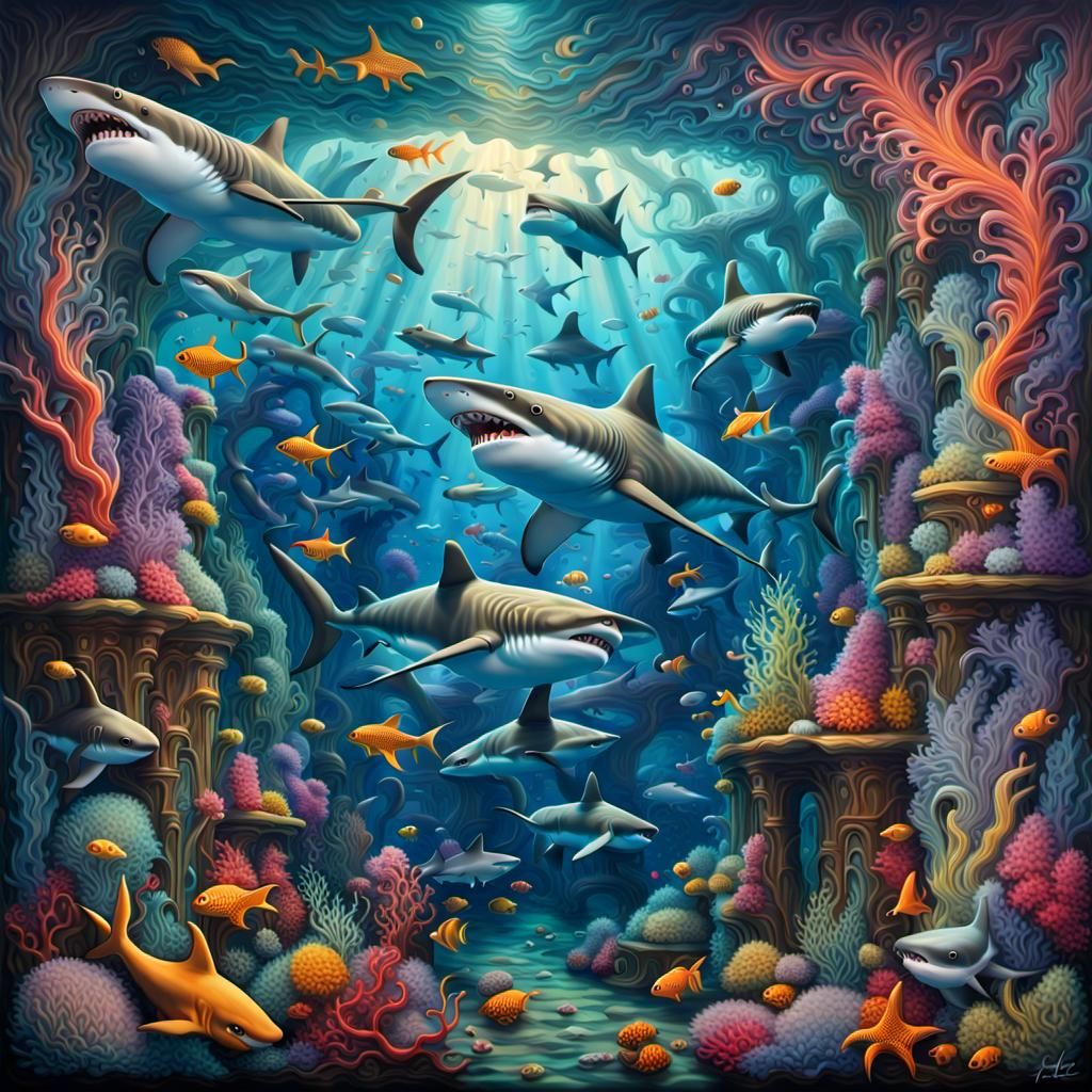 sharks, swimming gracefully amid vibrant marine life.