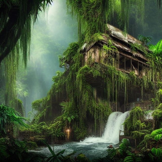 Lush Tropical Waterfall Flowing Through Decayed Jungle House