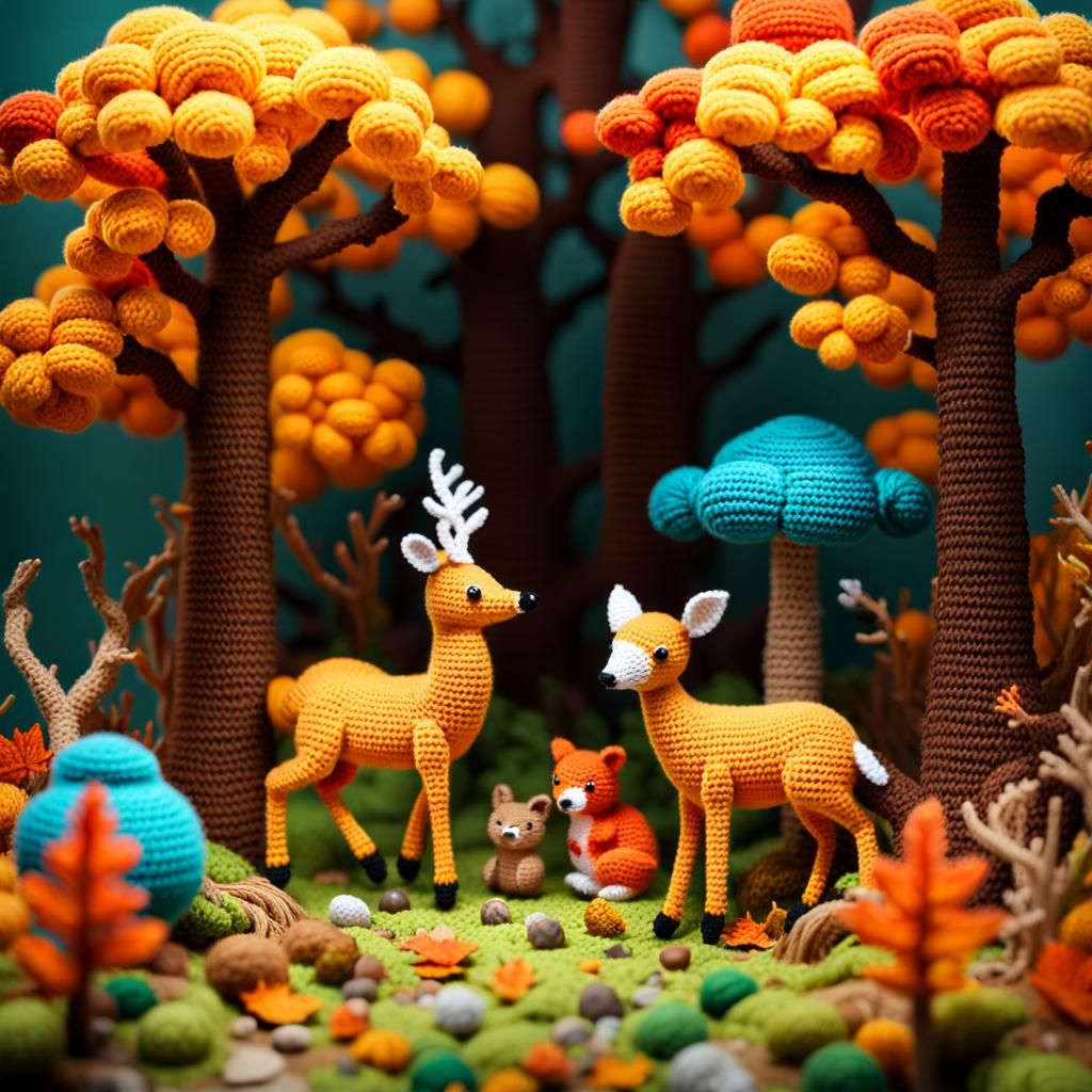 Crocheted Autumn Forest Diorama in 3D