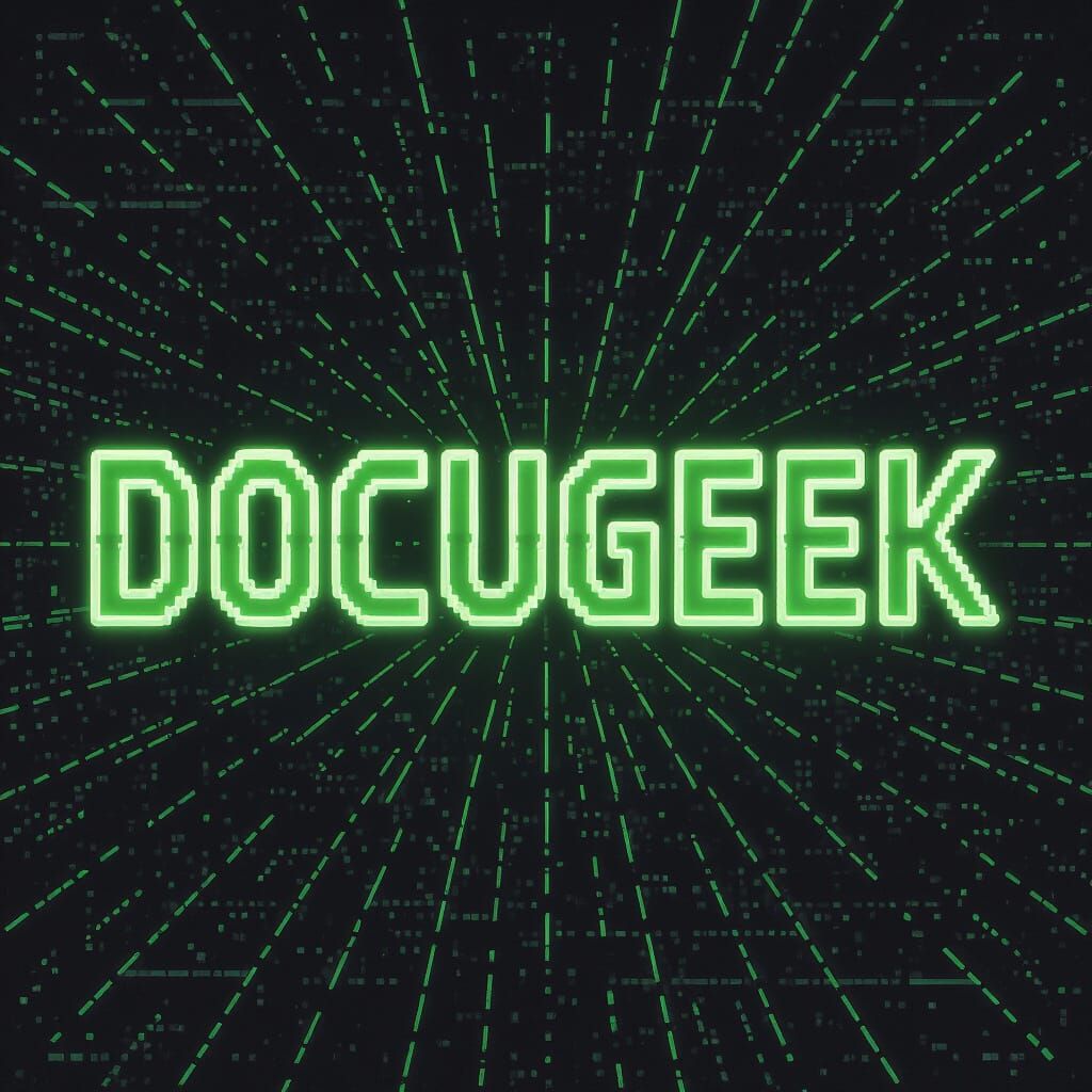 Retro Pixel "docuGEEK" Logo in 80s Sci-Fi Style
