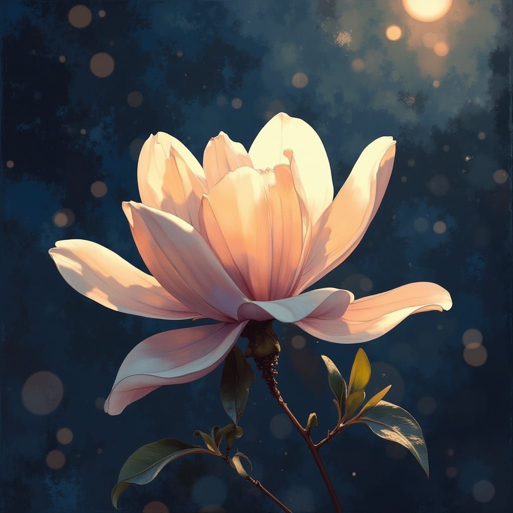 Ethereal Magnolia Blooms Under Moonlit Summer Night