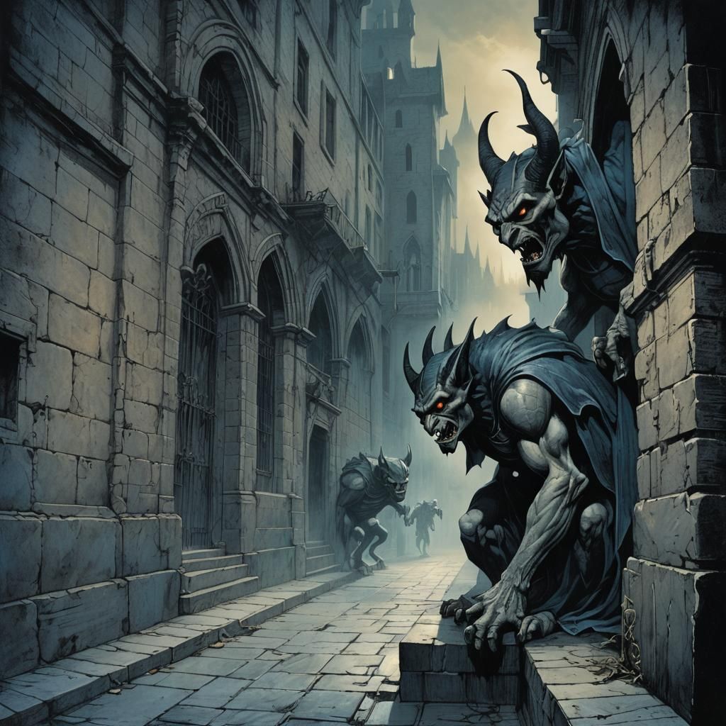 Eerie Gargoyles in Misty Alley: Dark Fantasy Illustration