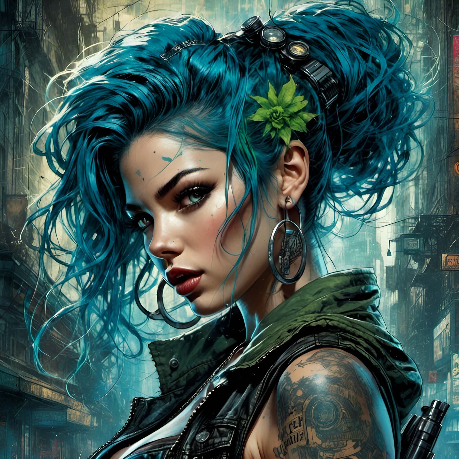 Retro Cyberpunk Pinup with Spiked Hair, Splash Art