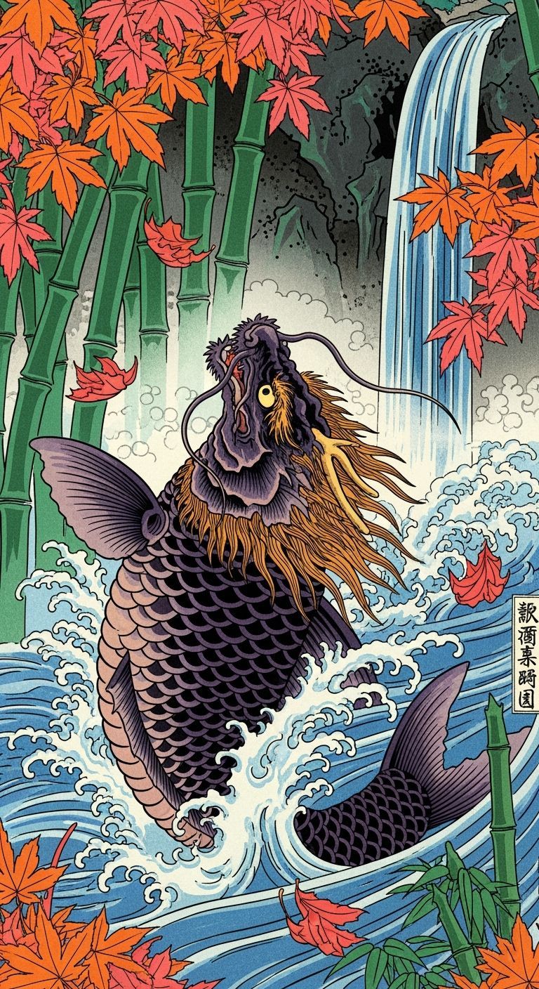 Koi Fish Dragon Transformation in Ukiyo-e Style