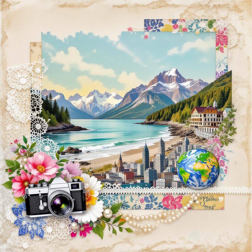 Colorful Naive Folk Art Collage with Photography Elements