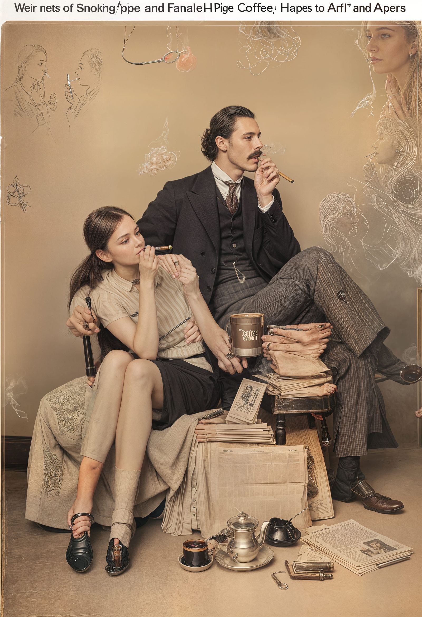 Man Smoking Pipe with Woman, Coffee, and Papers