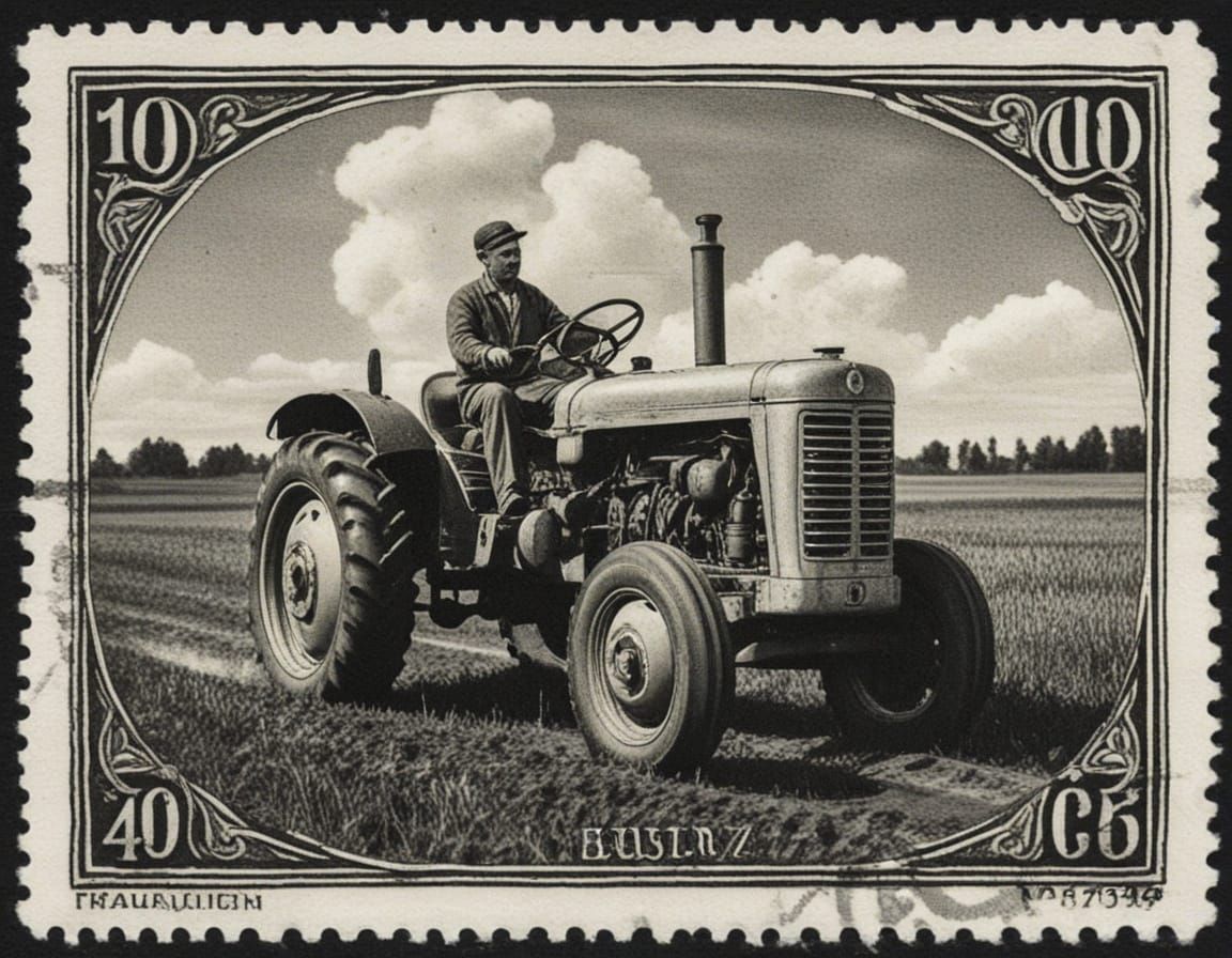 1960s Russian Stamp Art: Tractor in Field