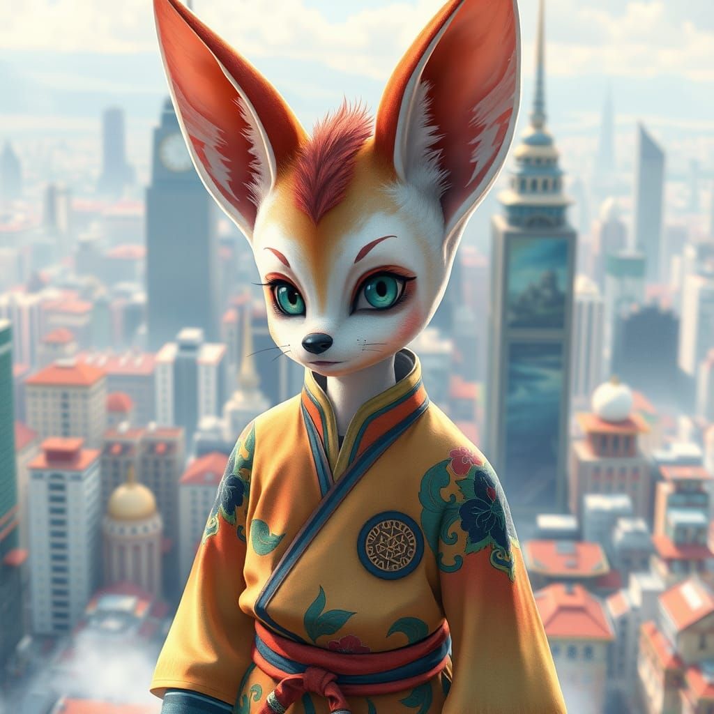 Anime Fennec Boy in Vibrant Cityscape, Watercolor Style