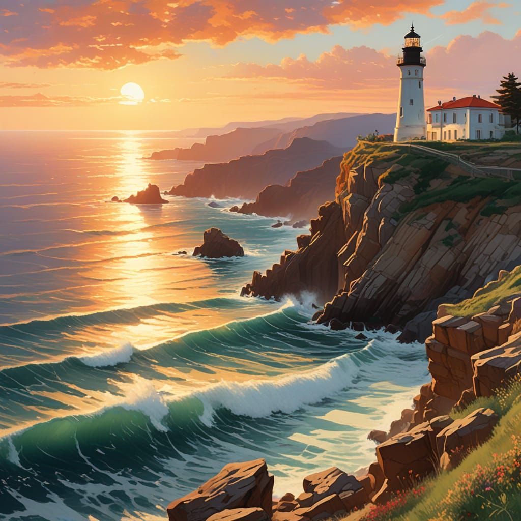 Coastal Lighthouse at Sunset, Photorealistic Summer Landscap...