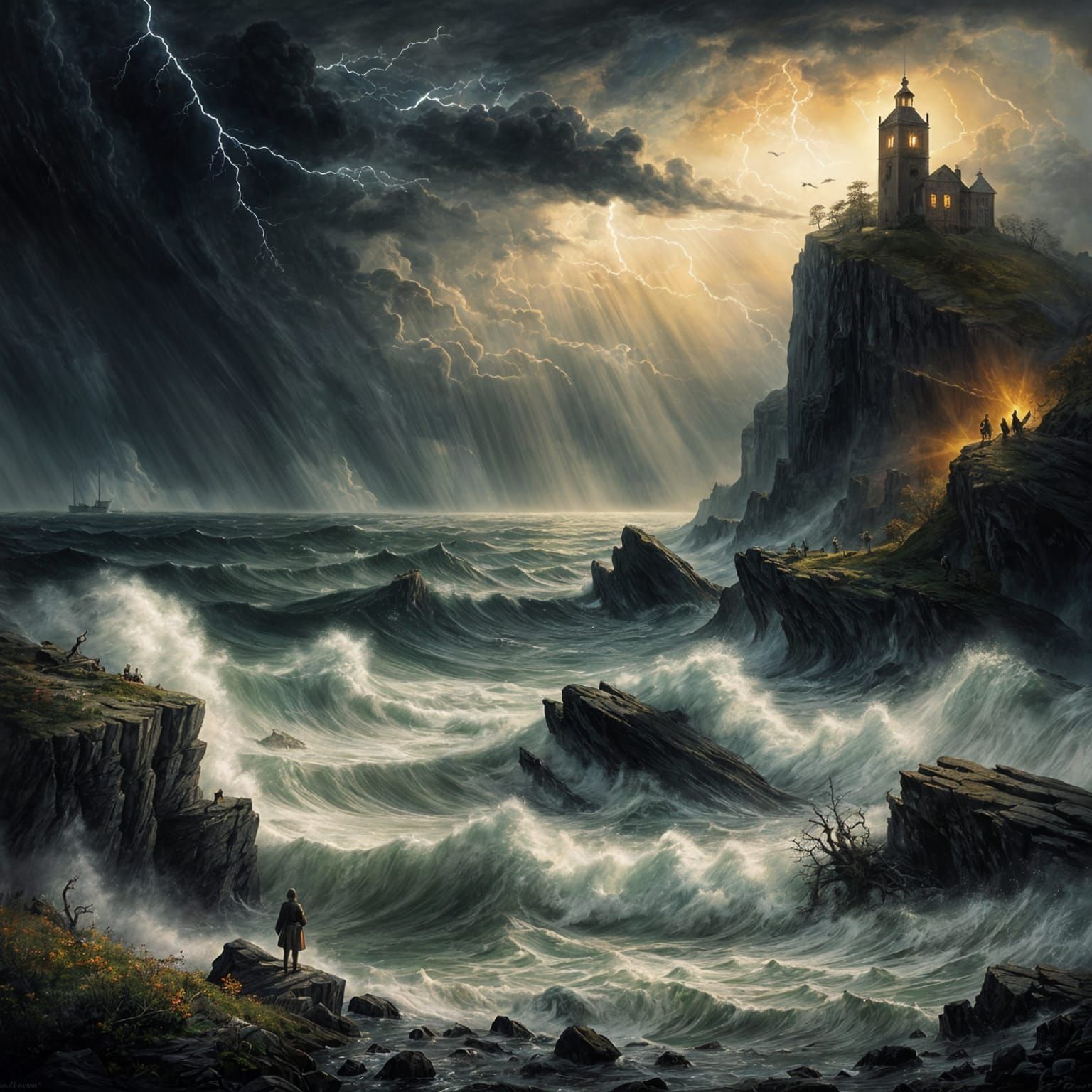 Majestic Seascape with Towering Waves and Dragon Soaring